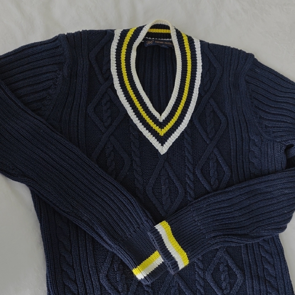 Blue and Yellow V-Neck Cable Knit Sweater